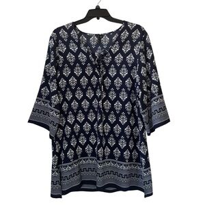 Pacific Beach Keyhole Tie Front Mosaic Print Navy Blue White Swim Cover Up 1X